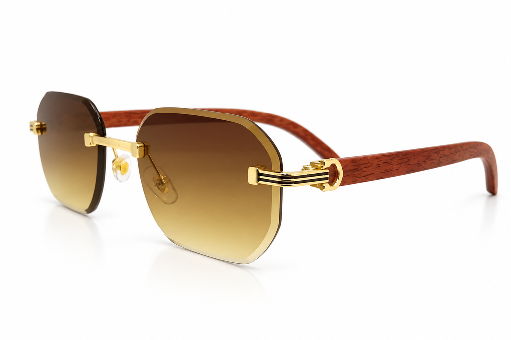 Luxury Rimless Geometric Sunglasses – Wooden Texture