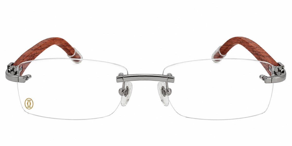 Luxury Rimless Eyeglasses – Silver & Golden Chrome with Premium Wooden Temples