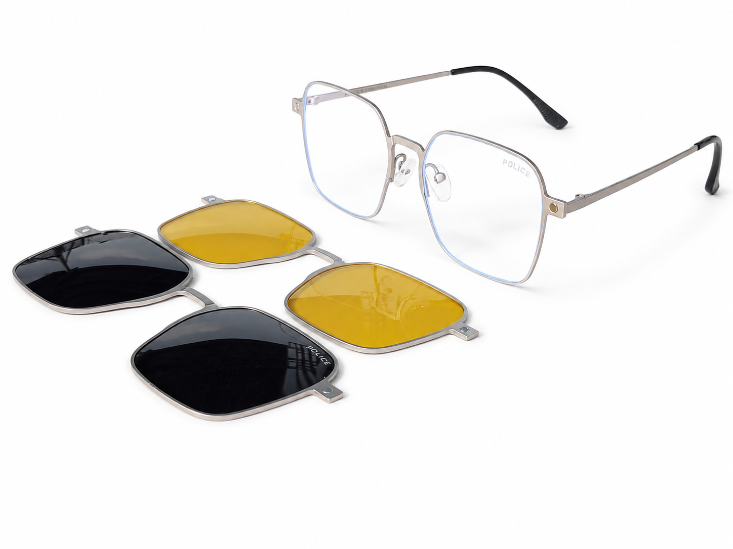 Police Style Premium Attachment Eyeglasses – Silver Metal Frame