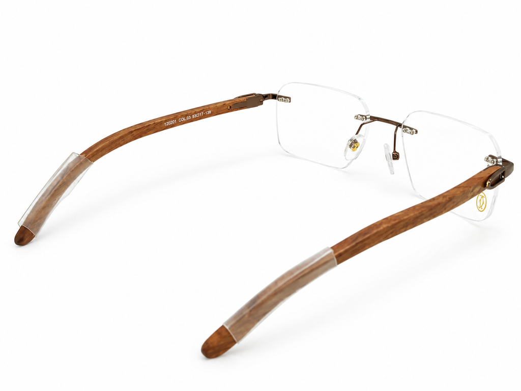 Luxury Rimless Rectangular Eyeglasses – Real Wood Temples | 120201