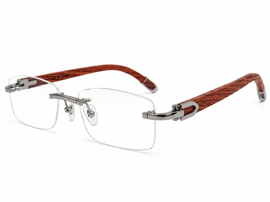 Luxury Rimless Eyeglasses – Silver & Golden Chrome with Premium Wooden Temples