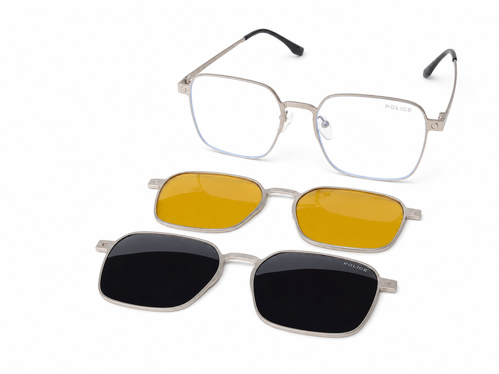 Police Style Premium Attachment Eyeglasses – Silver Metal Frame
