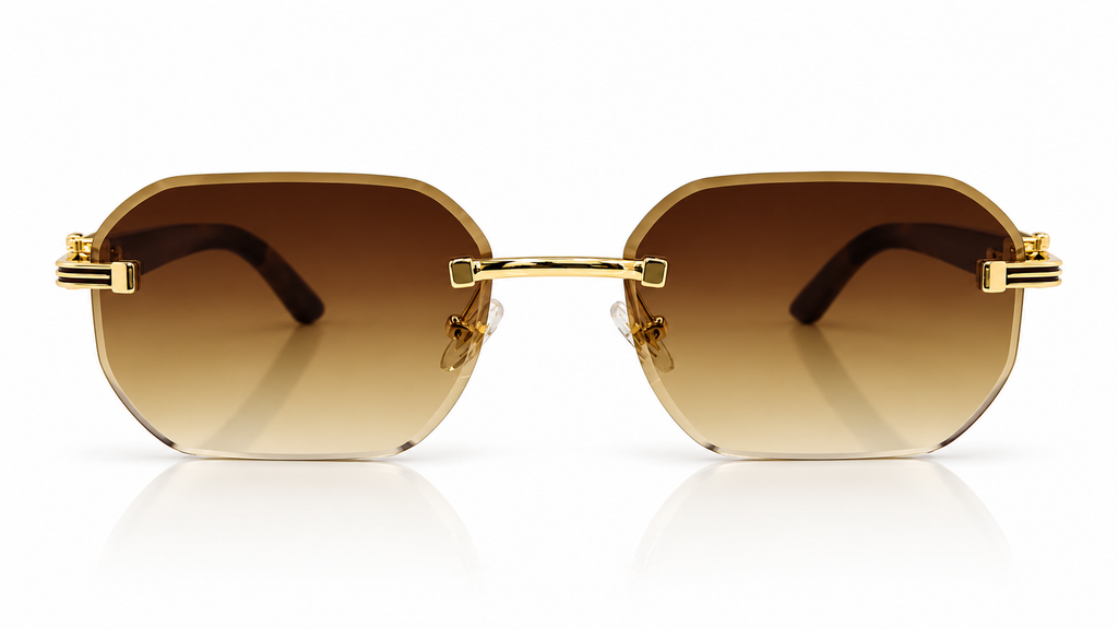 Luxury Rimless Geometric Sunglasses – Wooden Texture