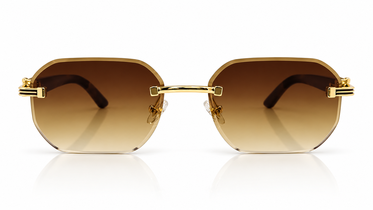 Luxury Rimless Geometric Sunglasses – Wooden Texture