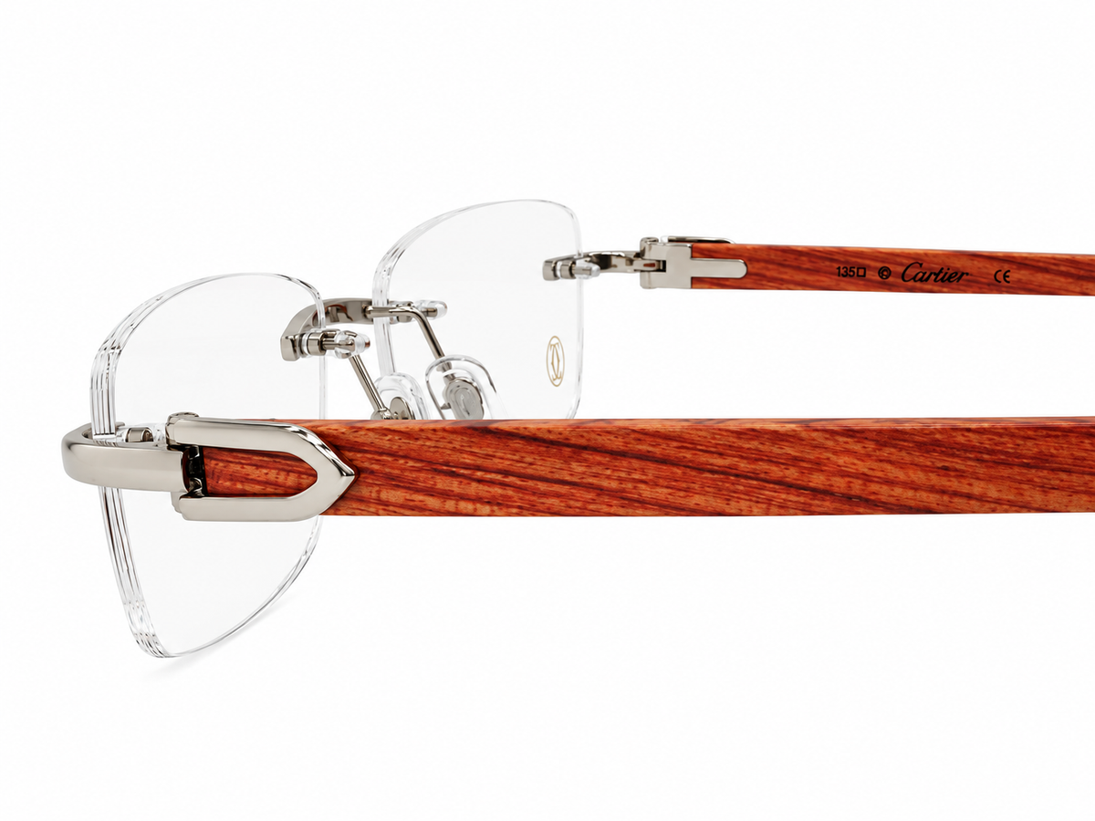 Luxury Rimless Eyeglasses – Silver & Golden Chrome with Premium Wooden Temples