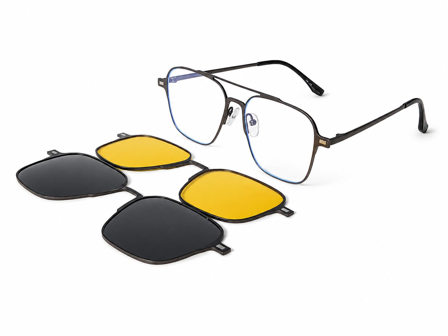 Magnetic Clip-On Eyeglasses – 3-in-1 Frame (Clear, Grey & Night Vision Clip)