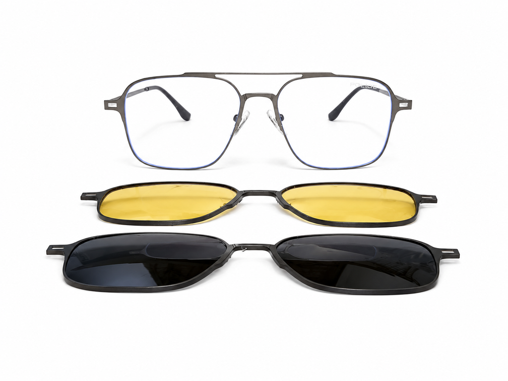 Magnetic Clip-On Eyeglasses – 3-in-1 Frame (Clear, Grey & Night Vision Clip)