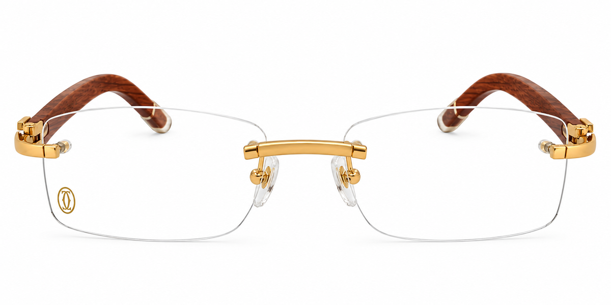 Luxury Rimless Eyeglasses – Silver & Golden Chrome with Premium Wooden Temples