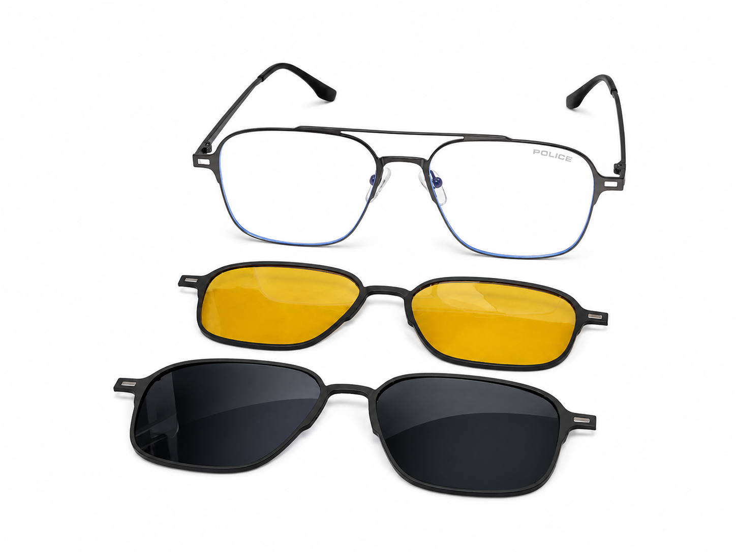 Magnetic Clip-On Eyeglasses – 3-in-1 Frame (Clear, Grey & Night Vision Clip)