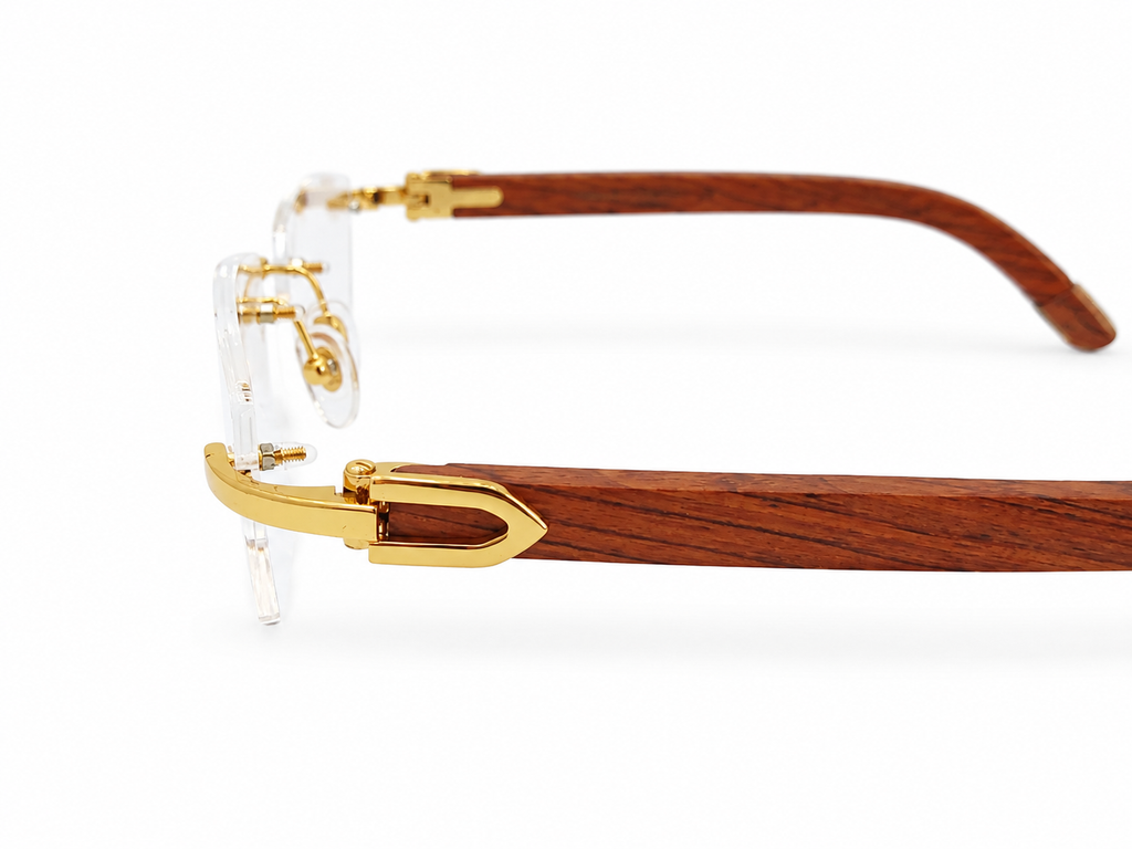 Luxury Rimless Eyeglasses – Silver & Golden Chrome with Premium Wooden Temples