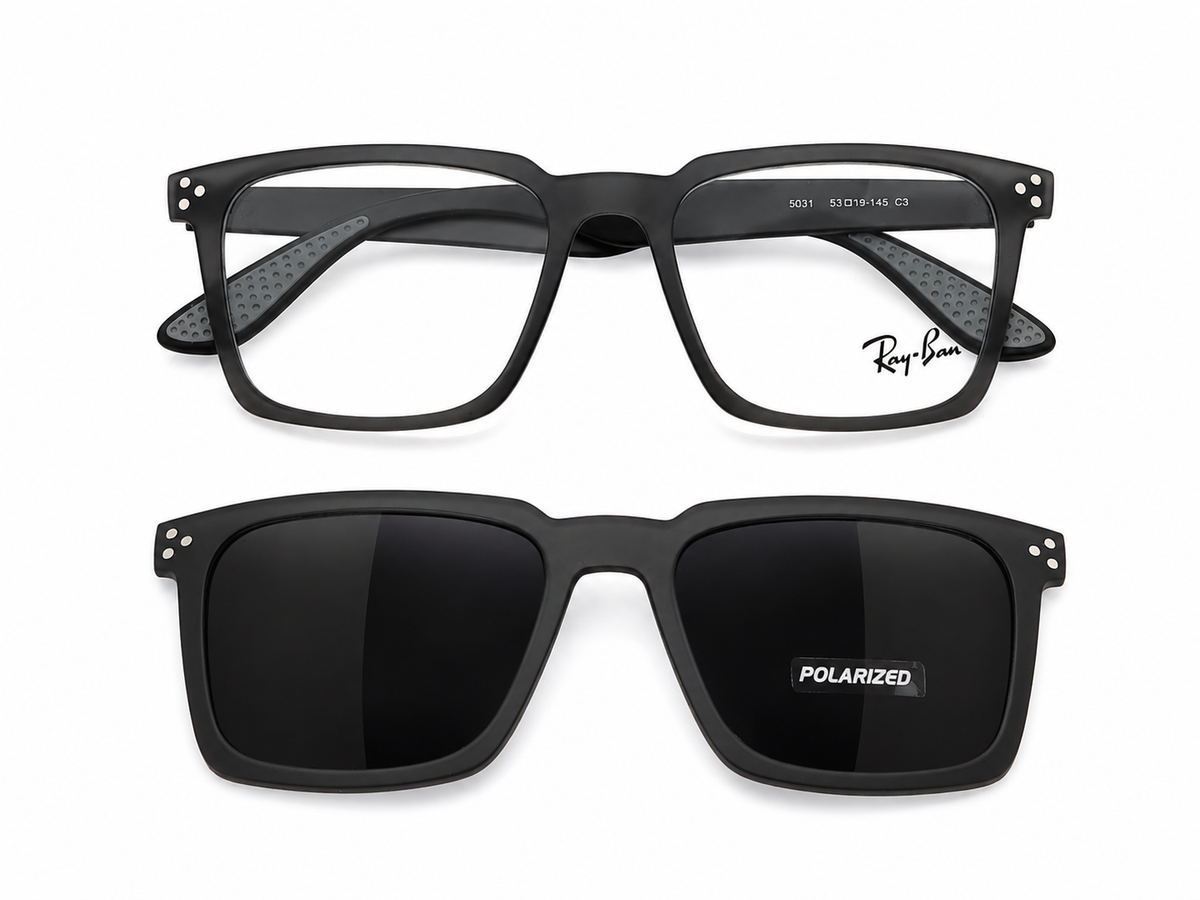 Magnetic Clip-On Eyeglasses with Polarized Attachment – Square Rectangle Frame