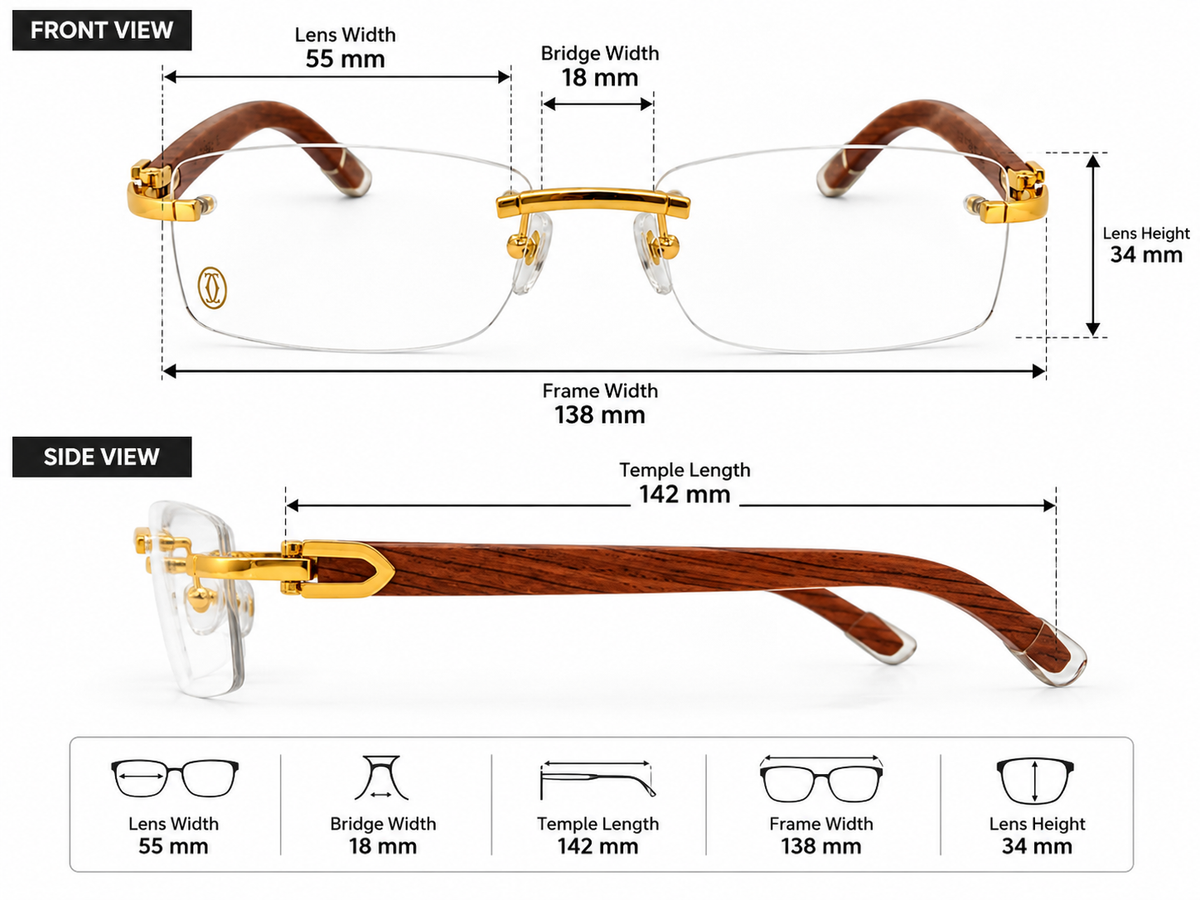 Luxury Rimless Eyeglasses – Silver & Golden Chrome with Premium Wooden Temples