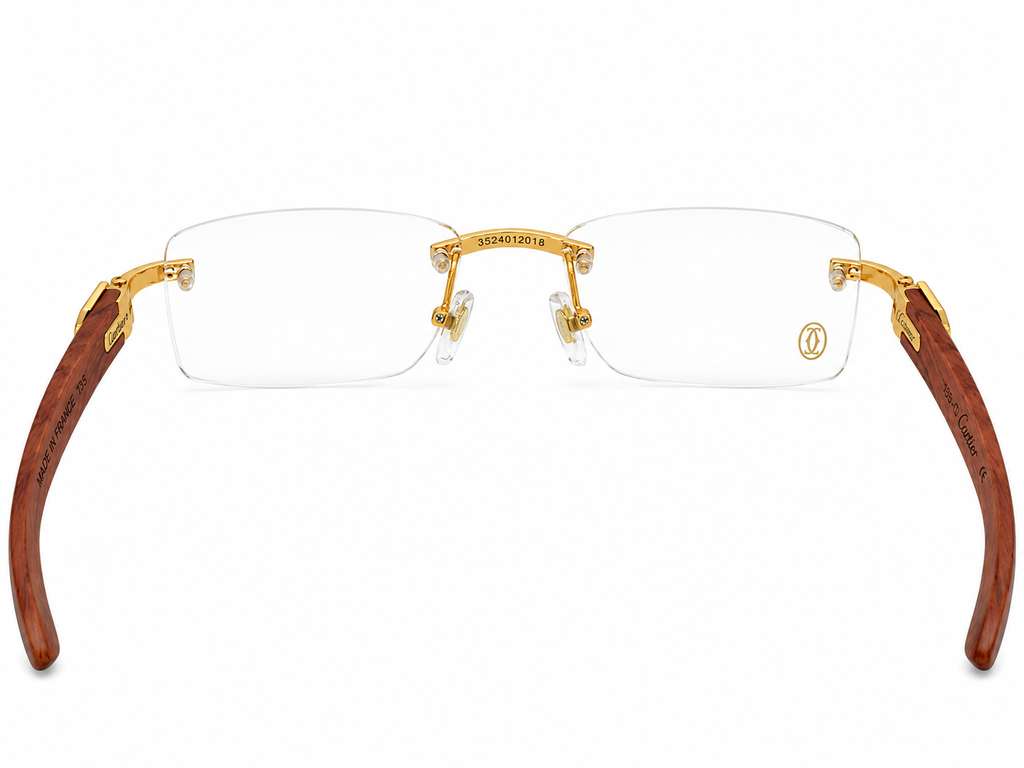 Luxury Rimless Eyeglasses – Silver & Golden Chrome with Premium Wooden Temples