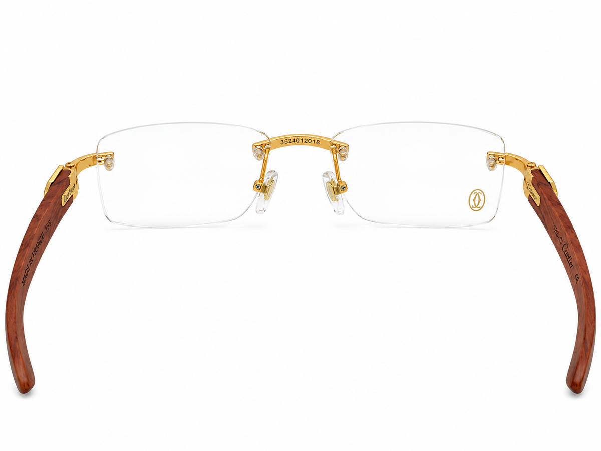 Luxury Rimless Eyeglasses – Silver & Golden Chrome with Premium Wooden Temples