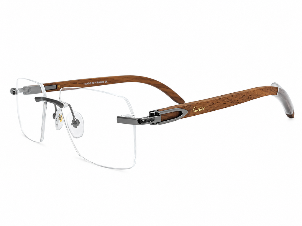 Luxury Rimless Wooden Temple Eyeglasses – Premium Designer Optical Frame