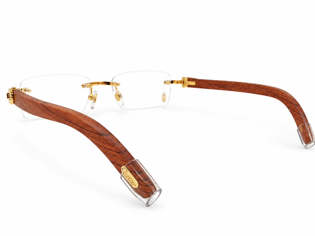 Luxury Rimless Eyeglasses – Silver & Golden Chrome with Premium Wooden Temples