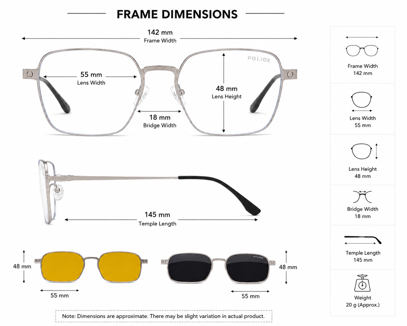 Police Style Premium Attachment Eyeglasses – Silver Metal Frame