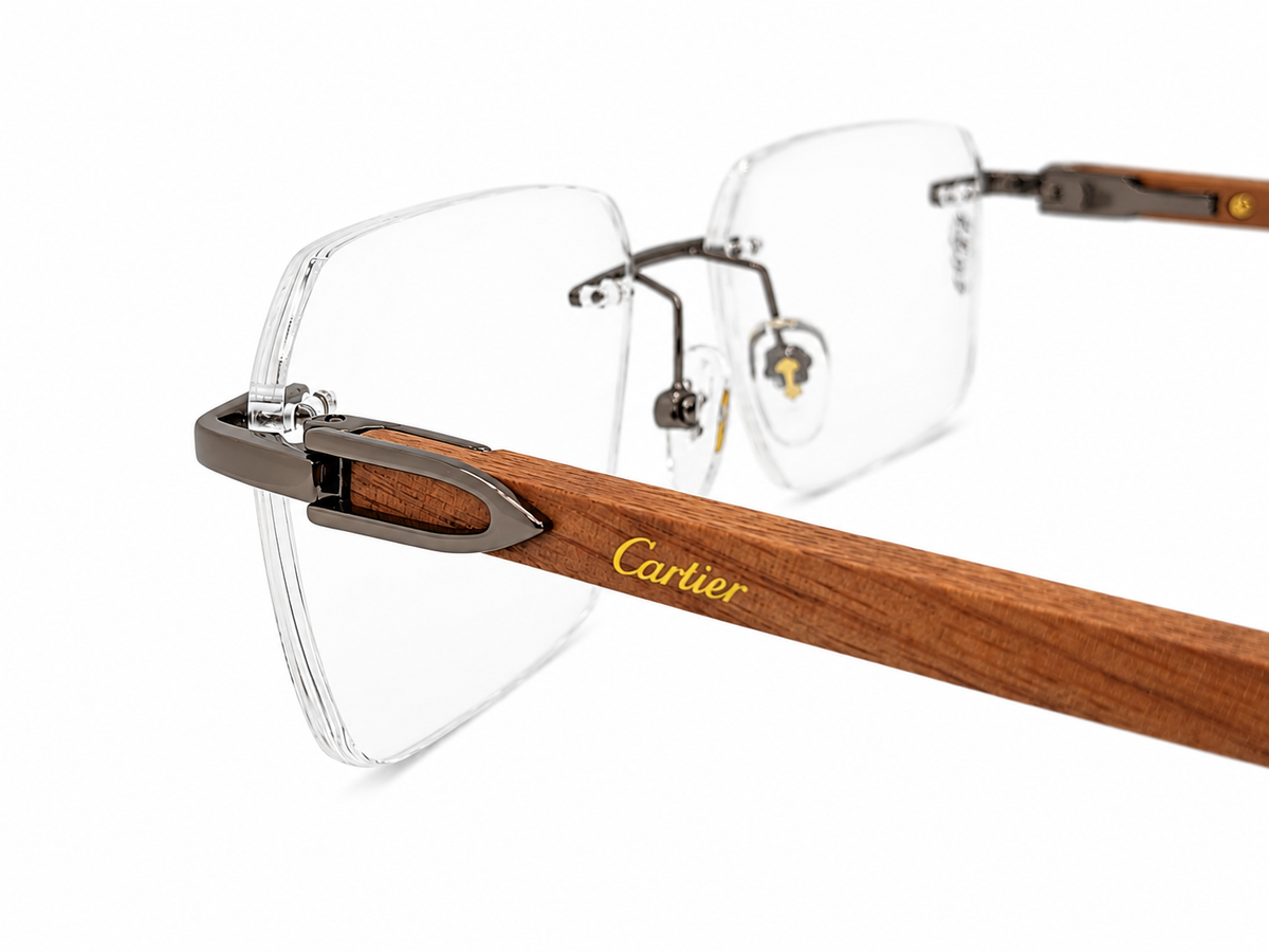 Luxury Rimless Rectangular Eyeglasses – Real Wood Temples | 120201