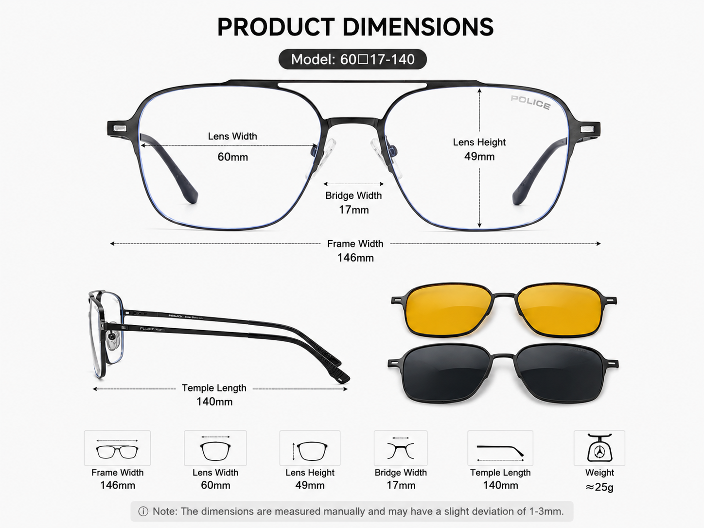Magnetic Clip-On Eyeglasses – 3-in-1 Frame (Clear, Grey & Night Vision Clip)