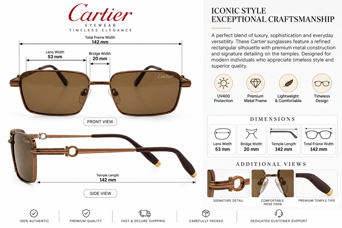 Rectangular Brown Sunglasses – Bronze Metal Frame
