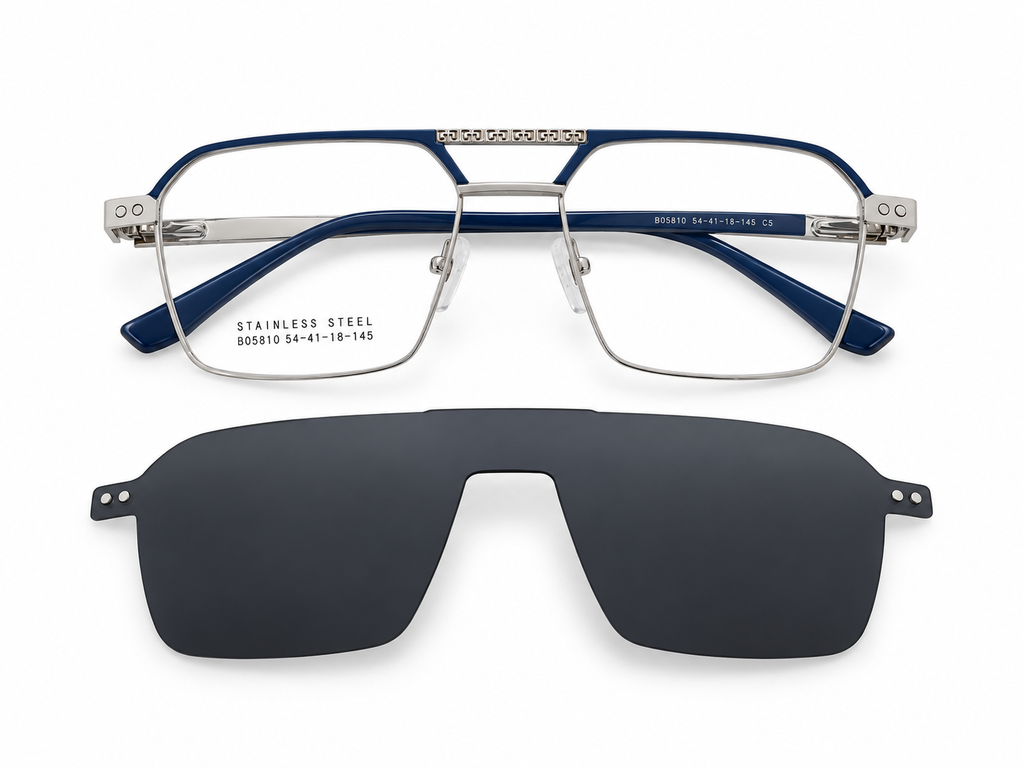 Luxe Double Bridge Rectangular Eyeglasses with Detachable Sunglass Attachment