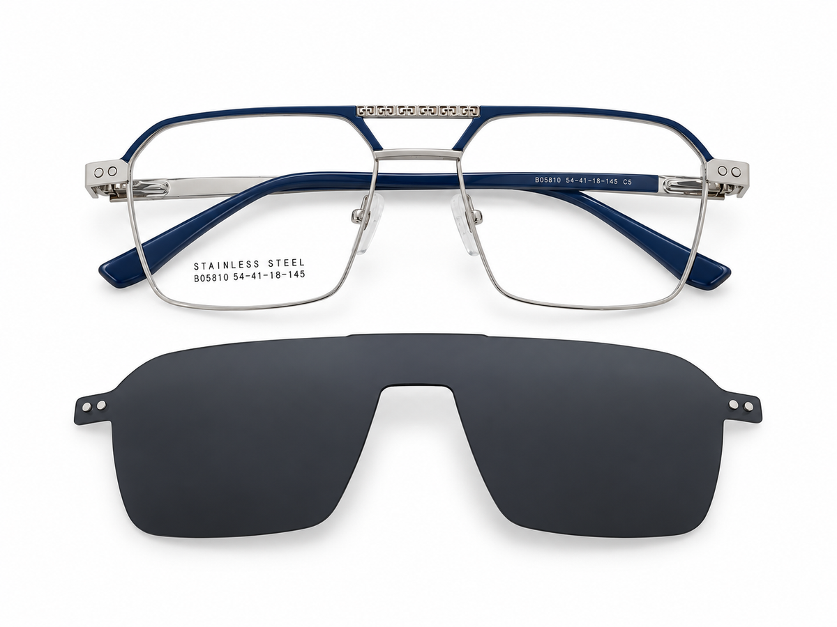 Luxe Double Bridge Rectangular Eyeglasses with Detachable Sunglass Attachment