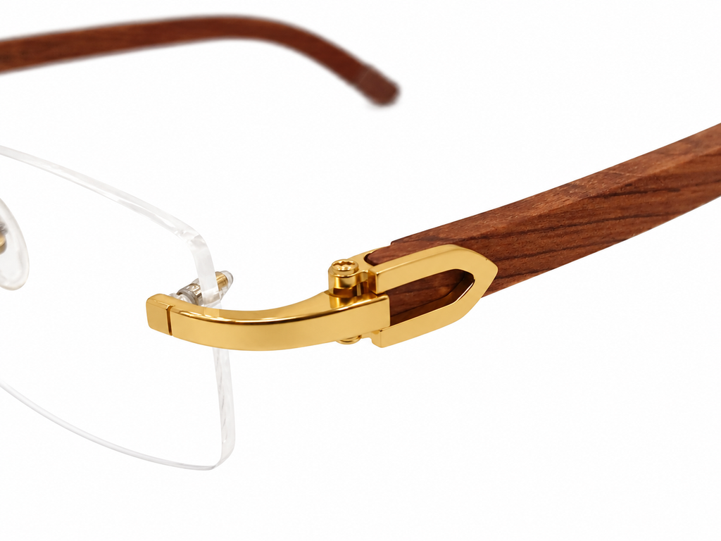 Luxury Rimless Eyeglasses – Silver & Golden Chrome with Premium Wooden Temples