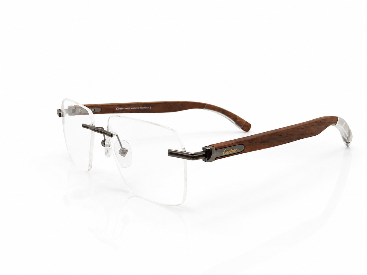 Rimless Rectangle Eyeglasses with Wooden Temples