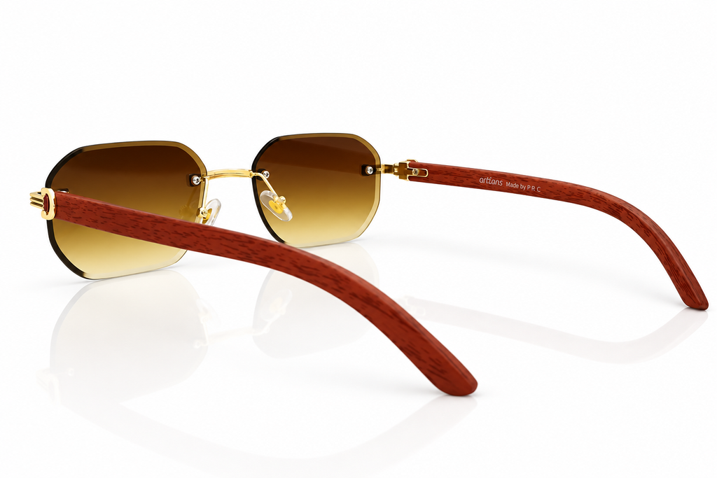 Luxury Rimless Geometric Sunglasses – Wooden Texture