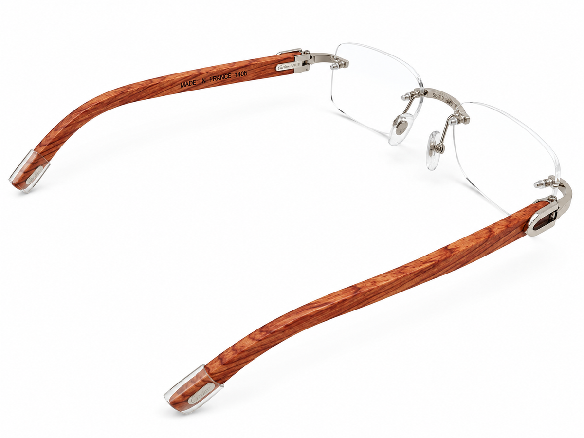 Luxury Rimless Eyeglasses – Silver & Golden Chrome with Premium Wooden Temples