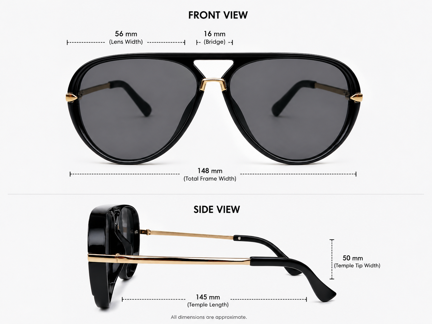 Black Aviator Sunglasses – Gold Accent | Unisex