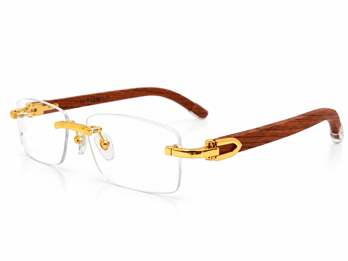 Luxury Rimless Eyeglasses – Silver & Golden Chrome with Premium Wooden Temples