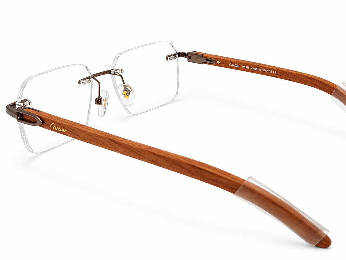 Luxury Rimless Rectangular Eyeglasses – Real Wood Temples | 120201