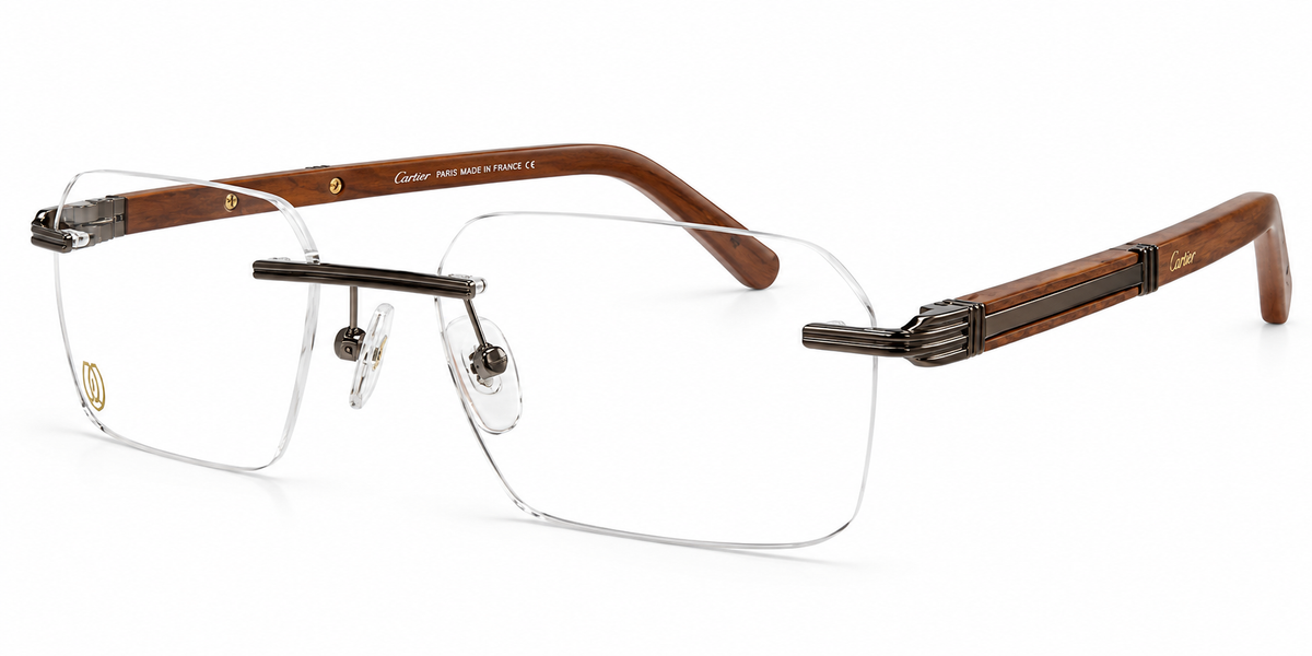 Executive Wooden Temple Rimless Eyeglasses