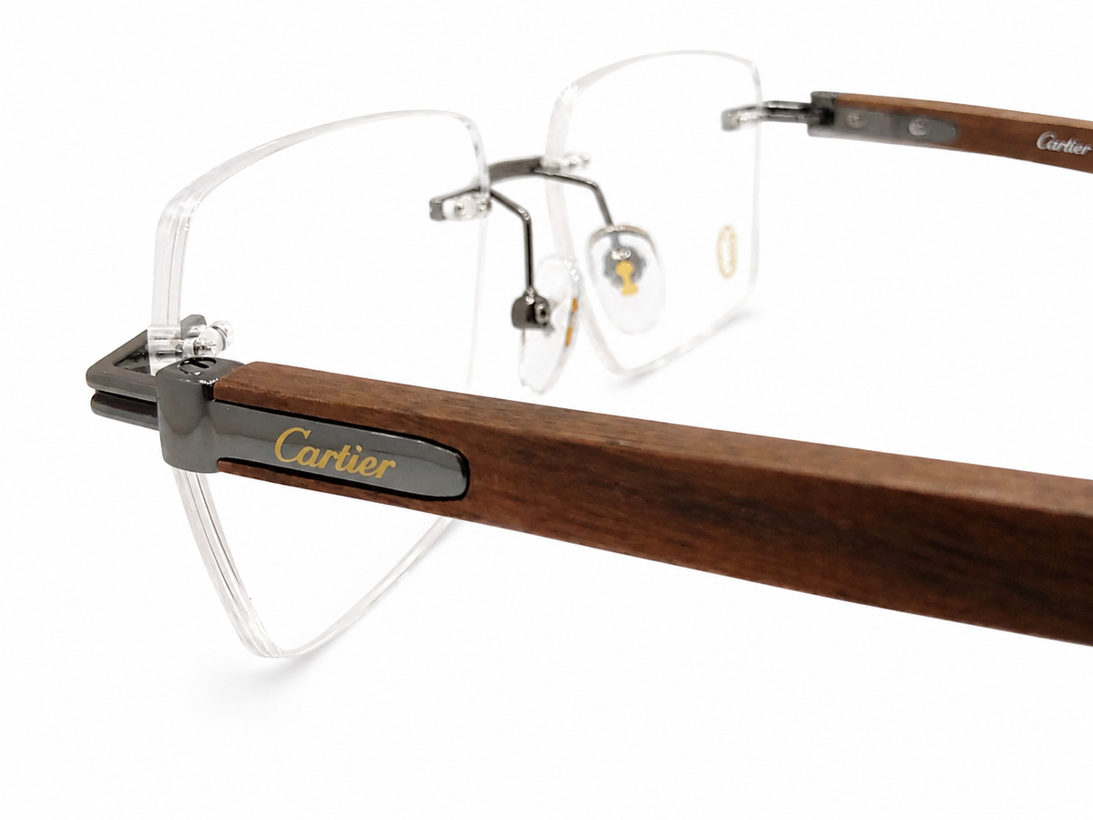 Rimless Rectangle Eyeglasses with Wooden Temples