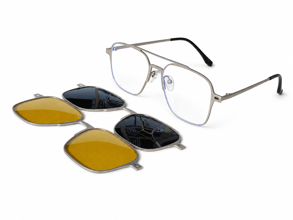 Magnetic Clip-On Eyeglasses – 3-in-1 Frame (Clear, Grey & Night Vision Clip)