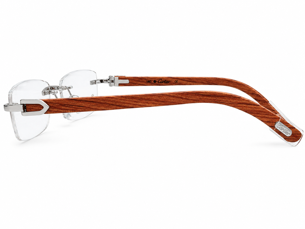 Luxury Rimless Eyeglasses – Silver & Golden Chrome with Premium Wooden Temples