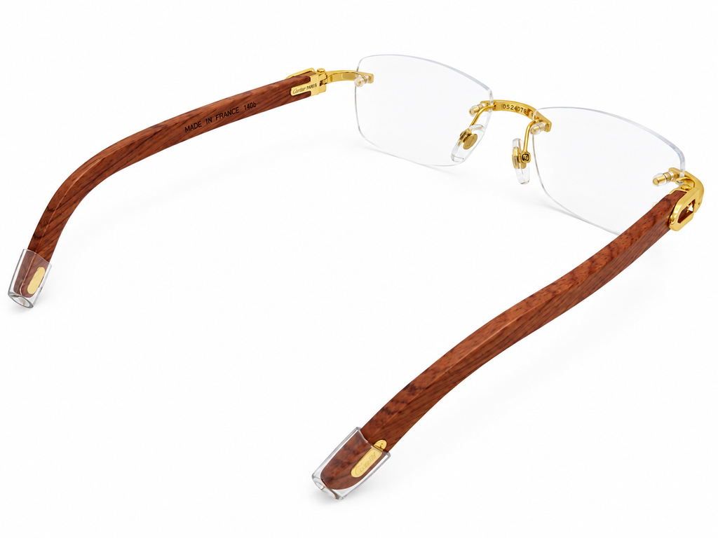 Luxury Rimless Eyeglasses – Silver & Golden Chrome with Premium Wooden Temples