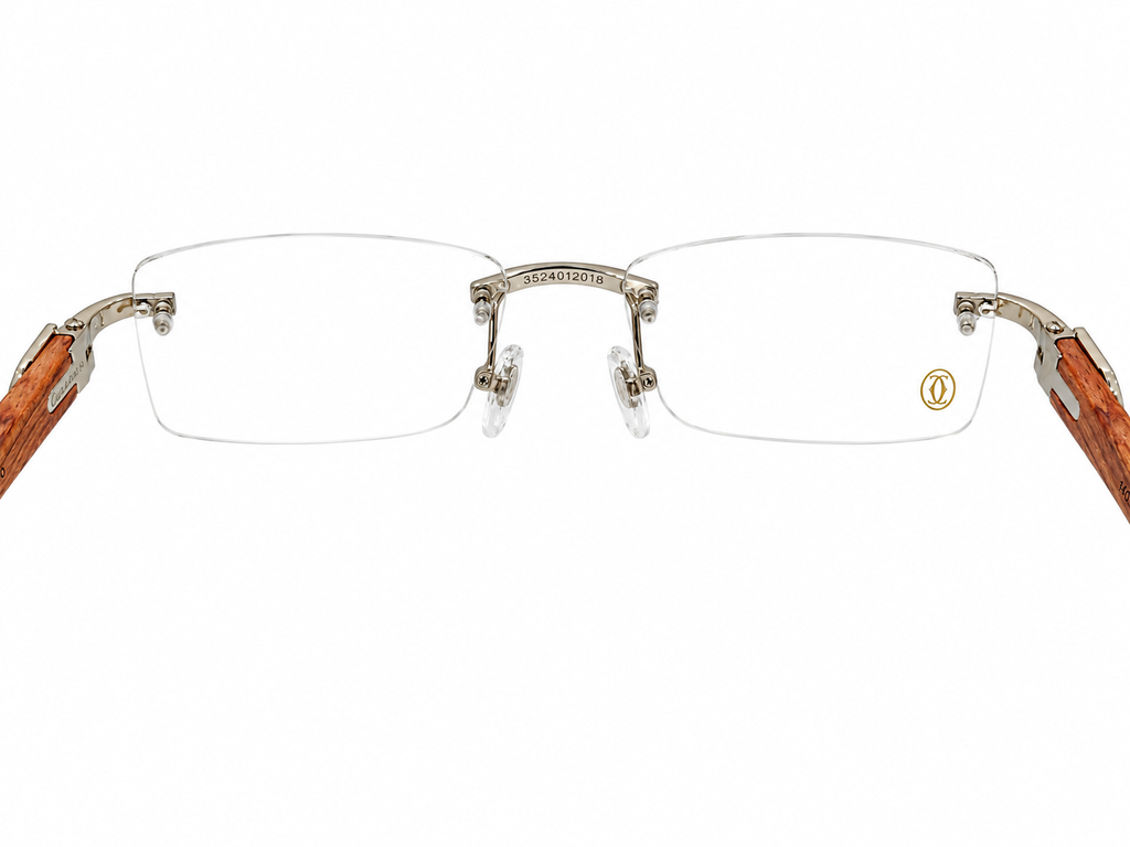 Luxury Rimless Eyeglasses – Silver & Golden Chrome with Premium Wooden Temples