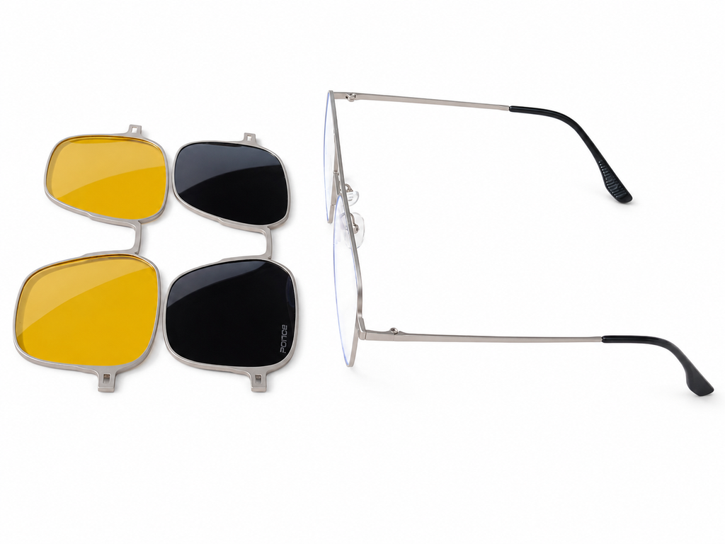 Magnetic Clip-On Eyeglasses – 3-in-1 Frame (Clear, Grey & Night Vision Clip)