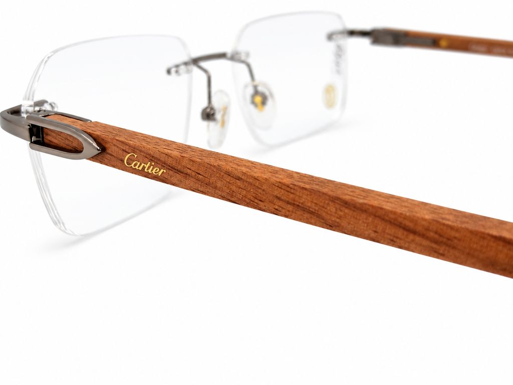 Luxury Rimless Rectangular Eyeglasses – Real Wood Temples | 120201