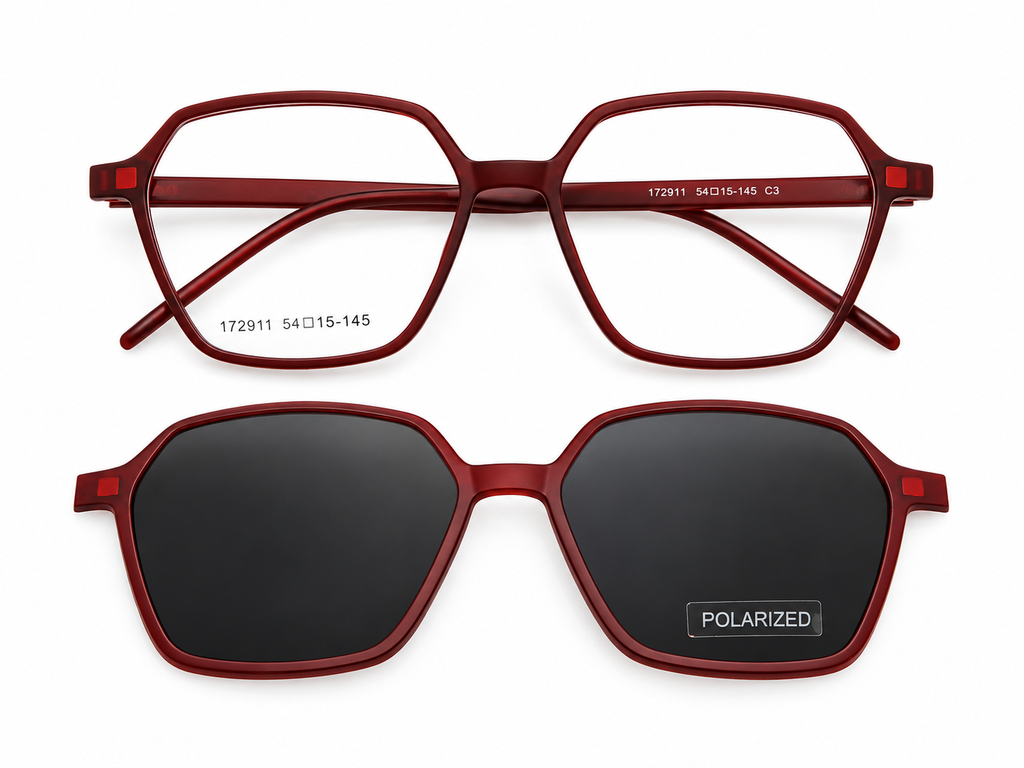 Geometric Polarized Clip-On Eyeglasses – Matte Burgundy Red