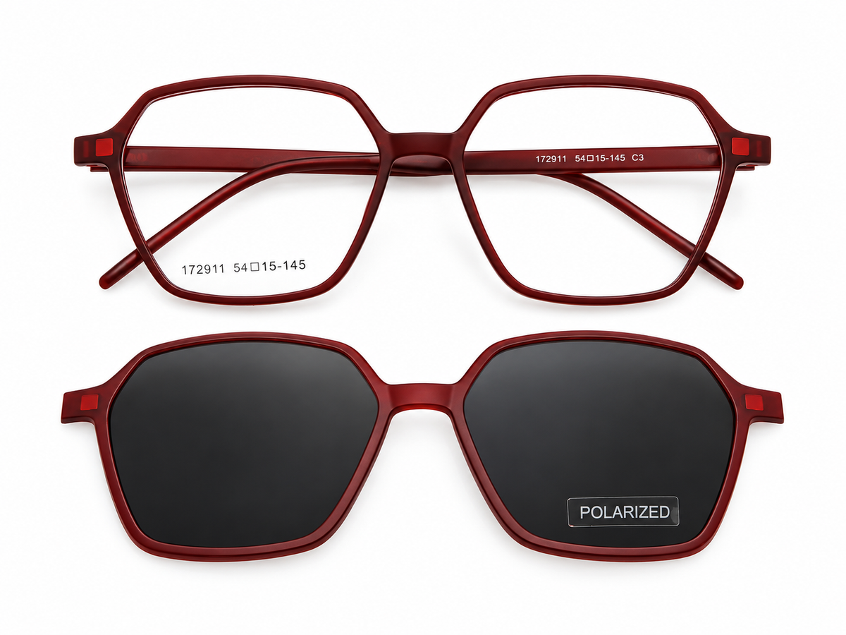 Geometric Polarized Clip-On Eyeglasses – Matte Burgundy Red