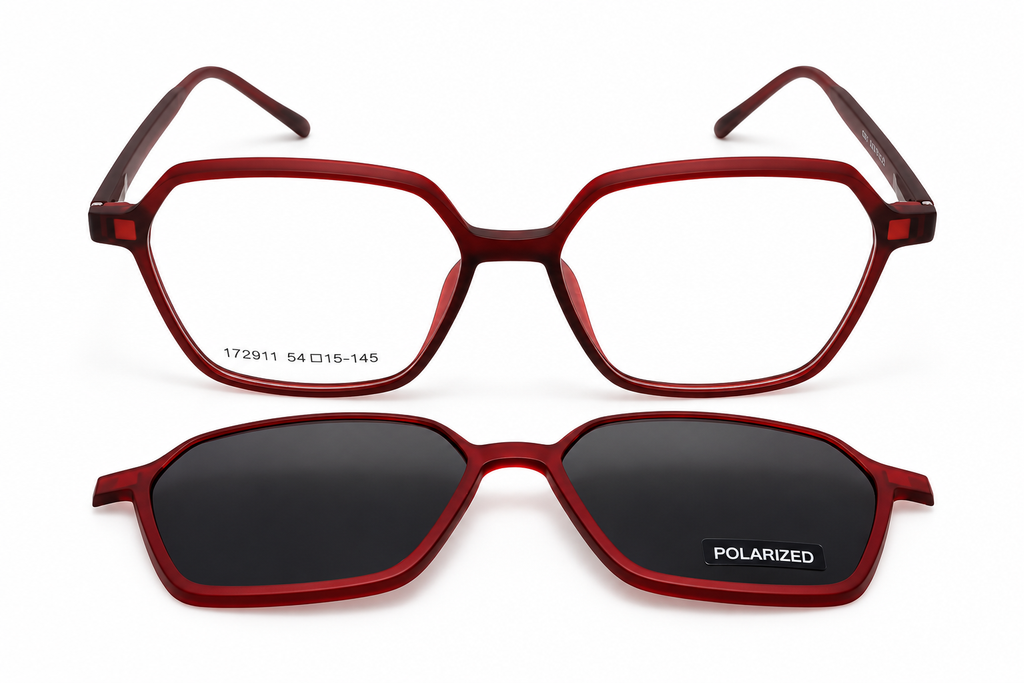 Geometric Polarized Clip-On Eyeglasses – Matte Burgundy Red