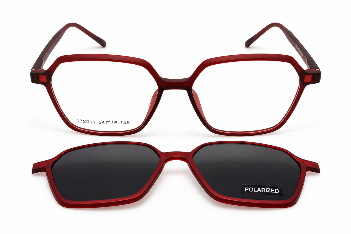 Geometric Polarized Clip-On Eyeglasses – Matte Burgundy Red