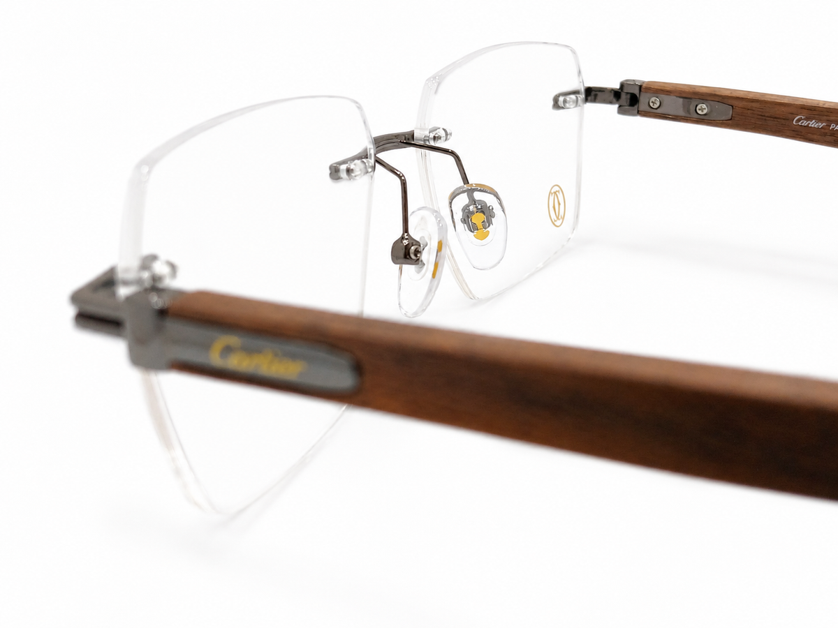 Rimless Rectangle Eyeglasses with Wooden Temples